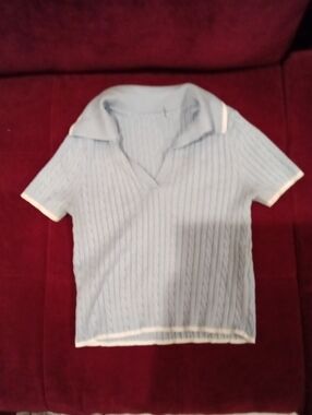 Light Blue Knit Polo Top with White Trim for Kids